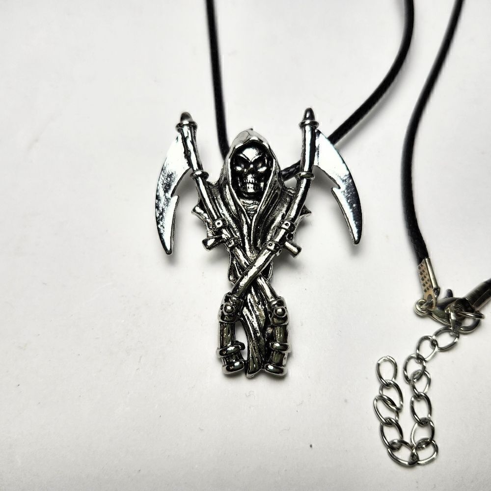 Stainless Steel Men's Death Skeleton Skull Grim Reaper Pendant Necklace 24"